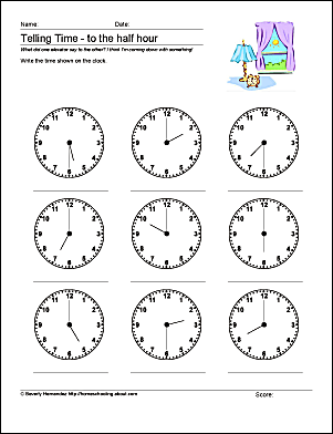 Math Worksheets - Telling Time to the Half Hour