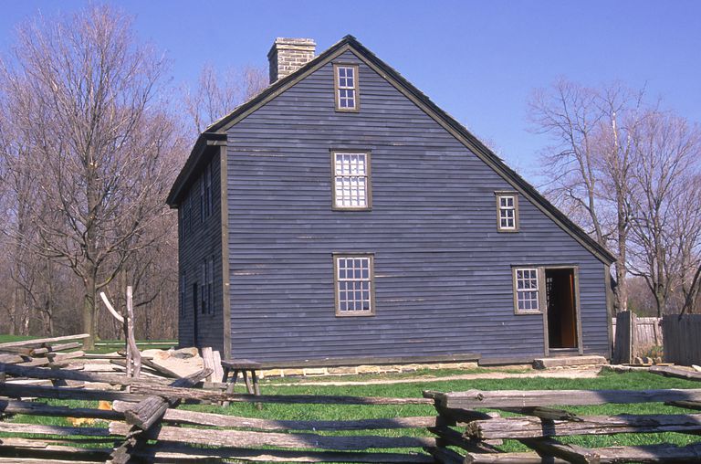 Grey-colored Daggett Farmhouse, c. 1754, Colonial Saltbox Style