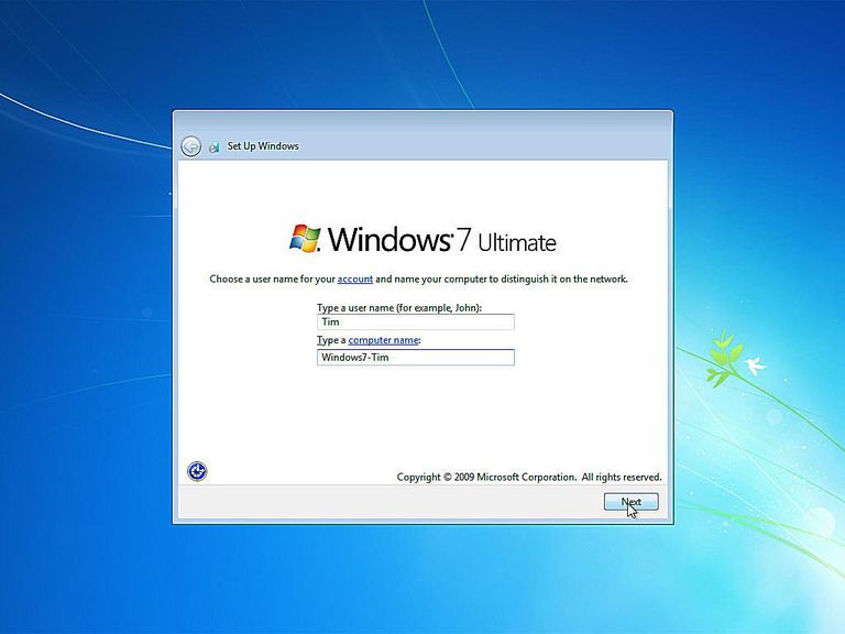 Screenshot of Windows 7 asking for a user name and computer name after setup