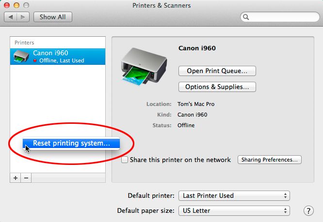 error loading printer preferences mac