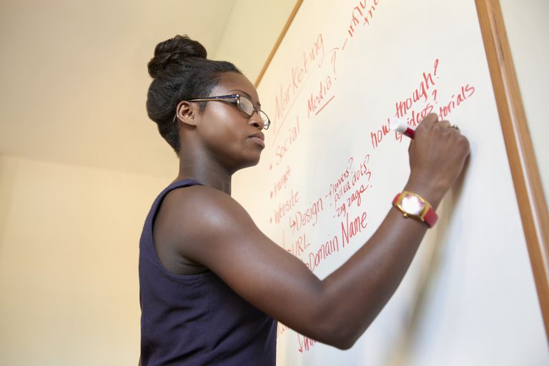 Young Black businesswoman uses white board to plan launch of new company.