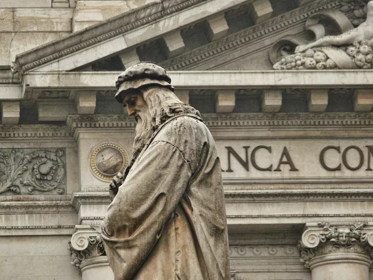 Sculpture of Leonardo Da Vinci at the Scala Square in Milan, Italy