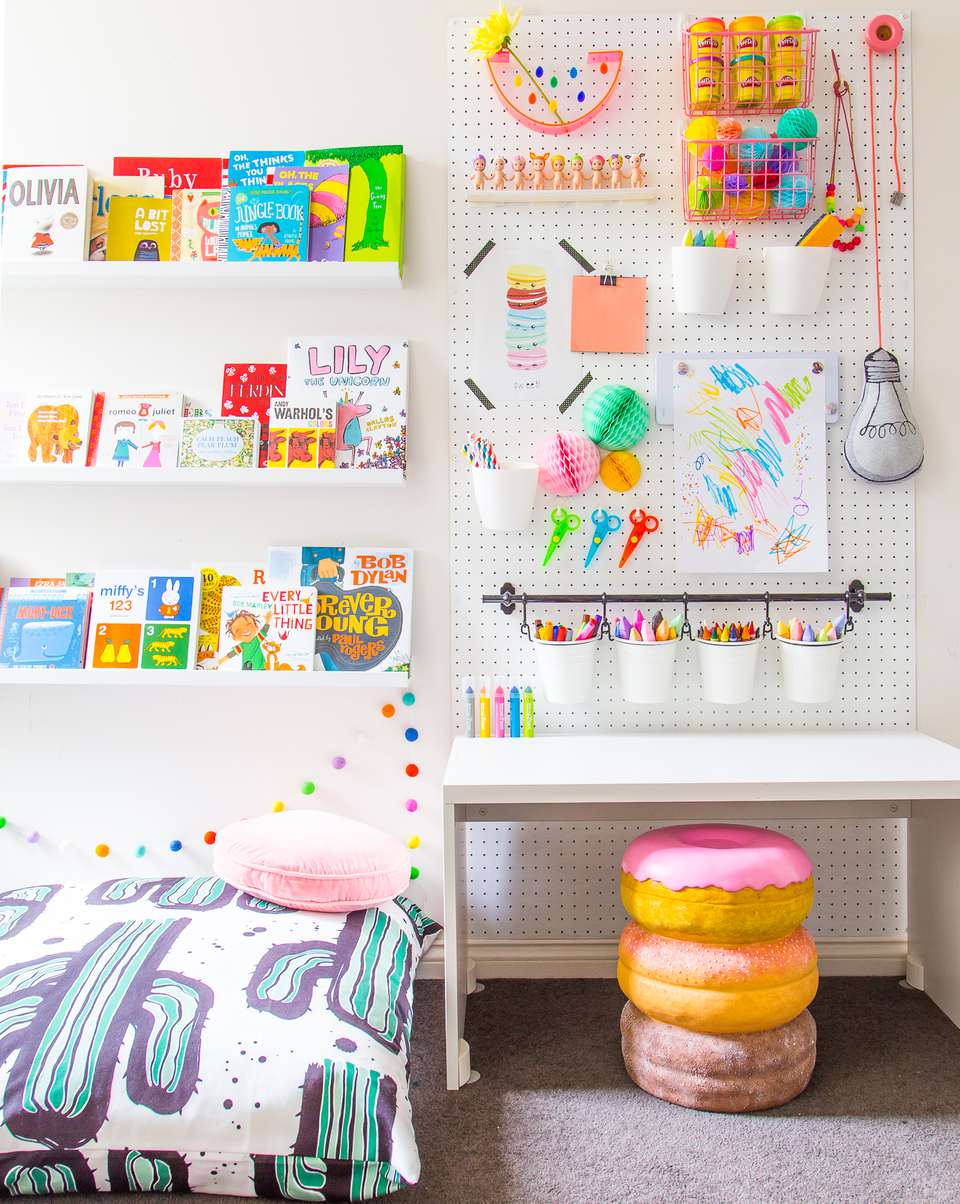 Kid's homework station with pegboard storage