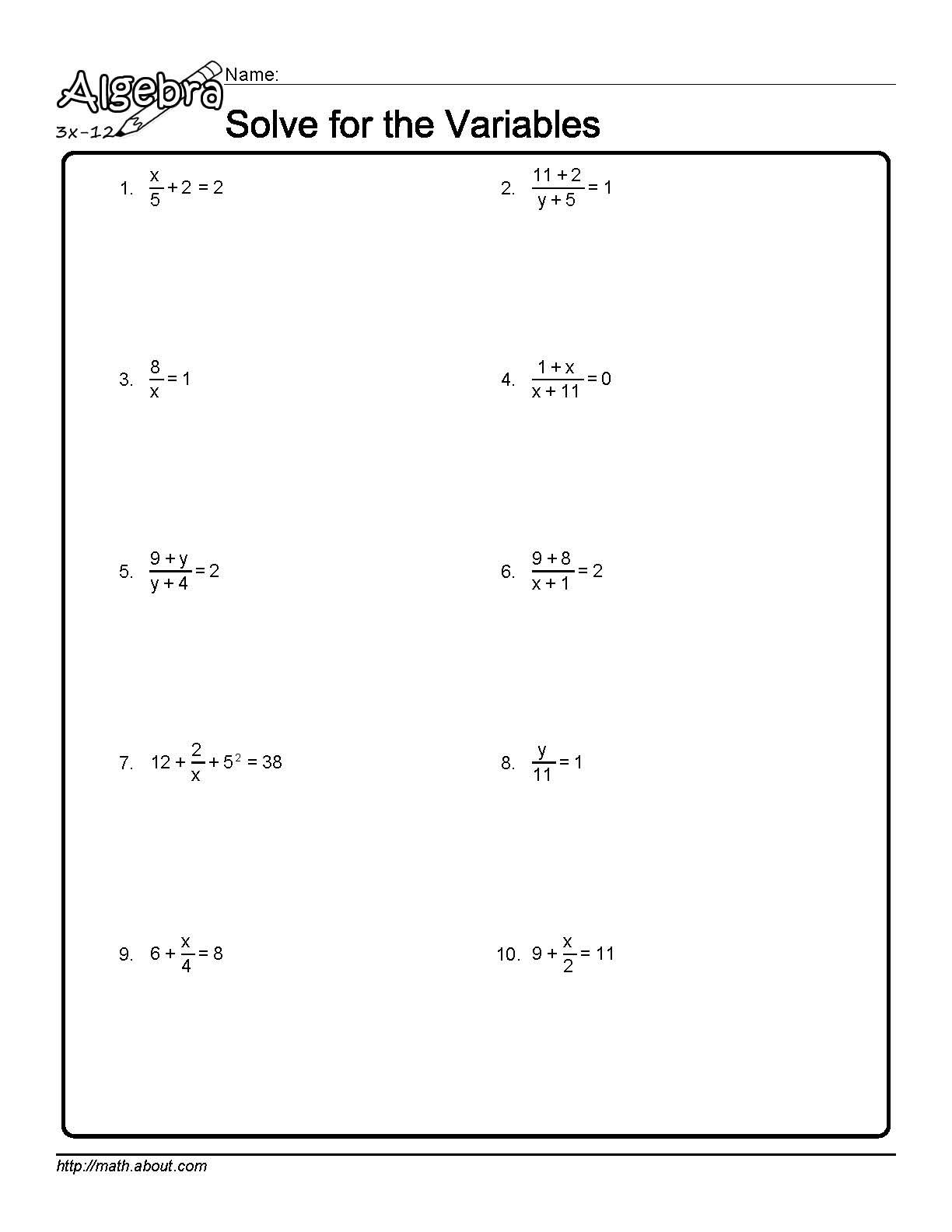 solve-for-the-variables-worksheet-1-of-10
