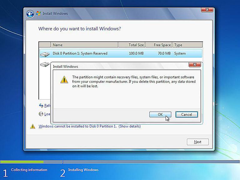Screenshot of deleting partitions during the Windows 7 setup