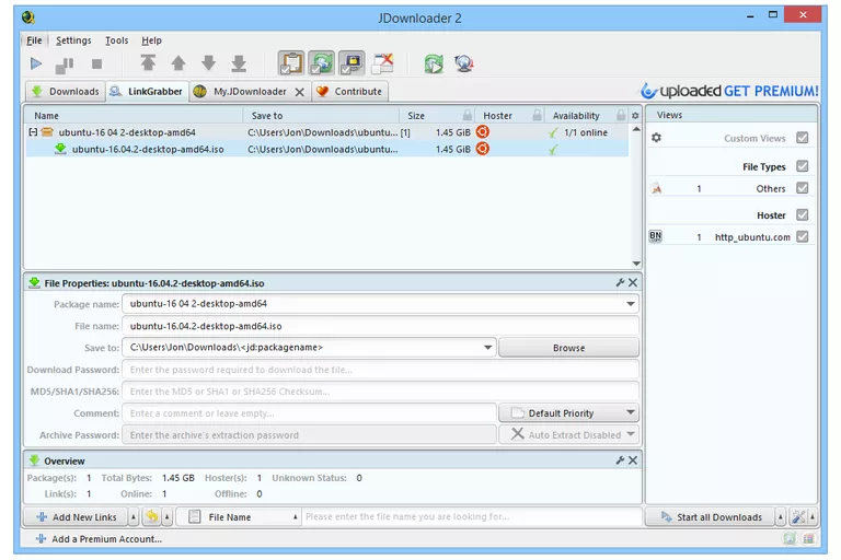 Screenshot of JDownloader 2 in Windows 8