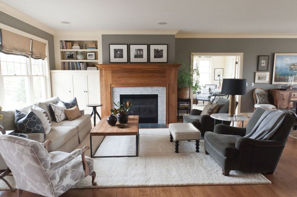 Gray Living Room Ideas   Gray Living Room With Wood Mantel Kristin Hoaglund Design 586eefa65f9b584db3f3ede9 