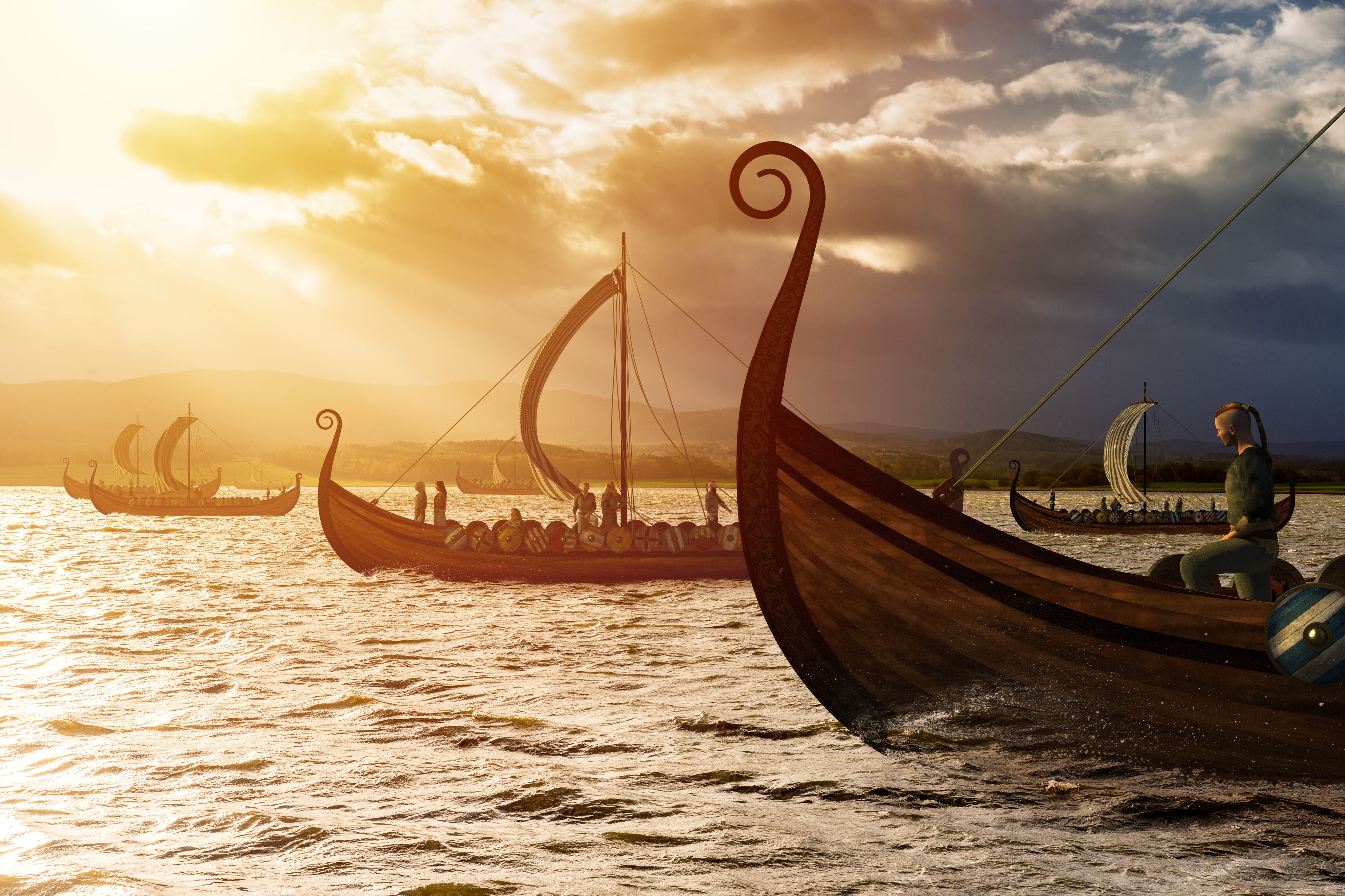 Viking Ships On The Water Under The Sunlight And Dark Storm 905540434 5aa18d95a9d4f90036158bdd 