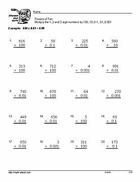 Powers of 10 Multiplication Worksheets.