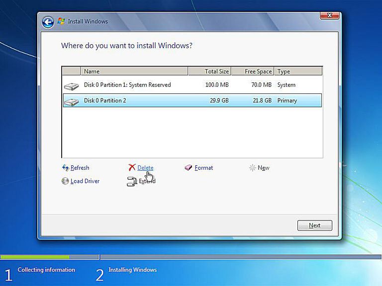 Screenshot of deleting a partition to install Windows 7