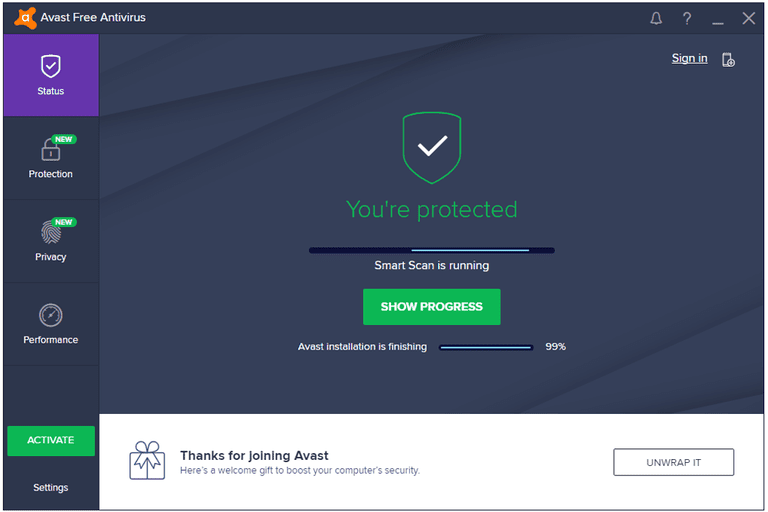 Screenshot of the Avast Free Antivirus program in Windows 7