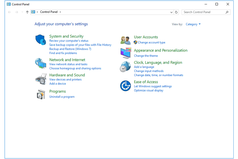 system control panel windows 10