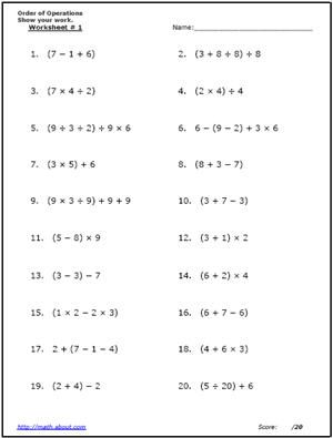 Printable Order of Operation Worksheets