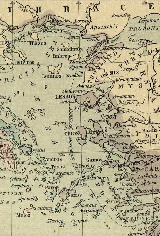 Eastern Aegean from a map of Greek and Phoenician Settlements in the Mediterranean Basin about 550 B