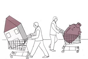 Businessmen pushing house and piggy bank in shopping carts in opposite directions
