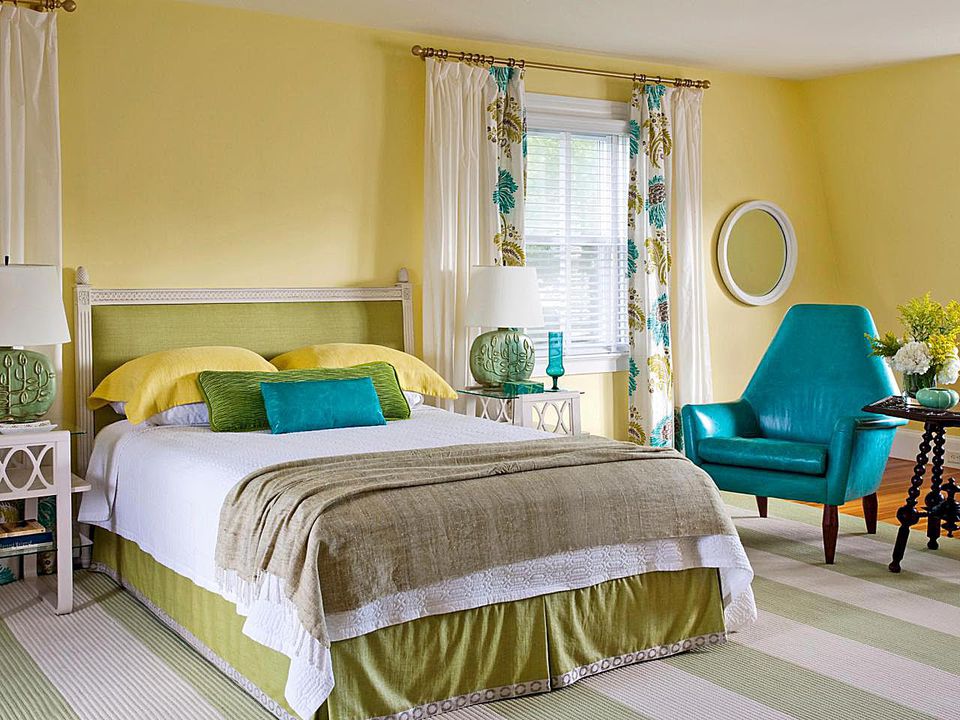 Modern Yellow And Blue Bedroom for Large Space