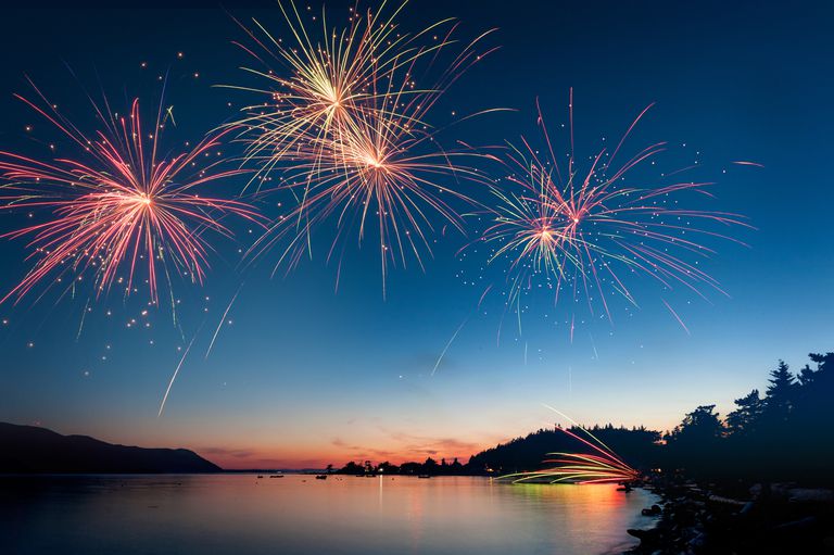 low angle view of firework display over river during sunset 604213021 57752e7b3df78cb62c11aba4