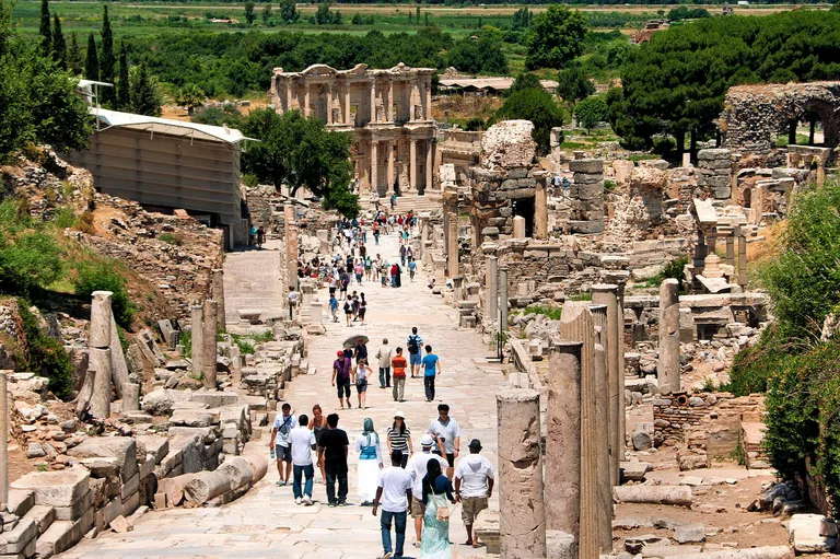 Main Street looking toward the library, the ruins of Ephesus are a major tourist attraction
