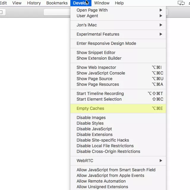 Screenshot of the Empty Caches option in Safari