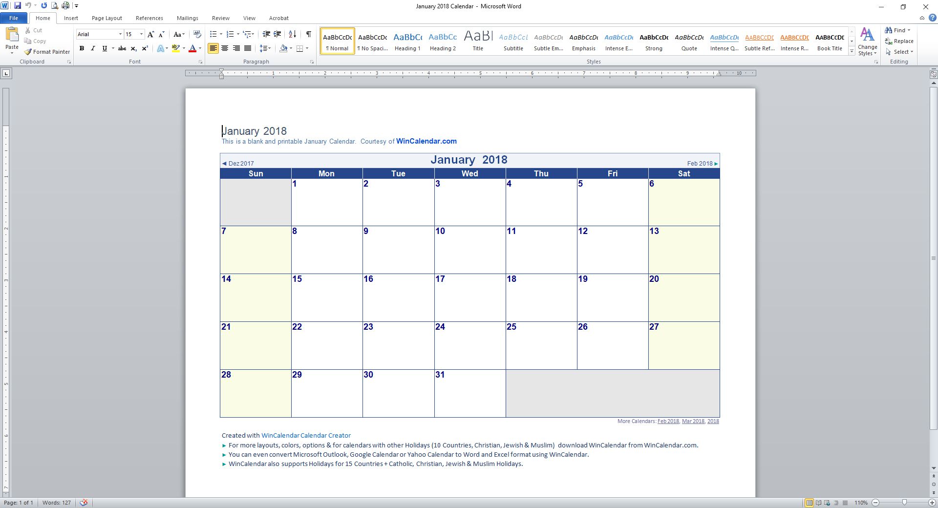 microsoft word calendar template by month