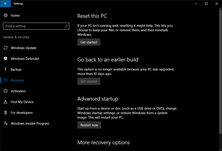 how to start system recovery windows 10