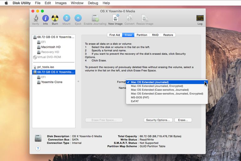Formatting options available in Disk Utility