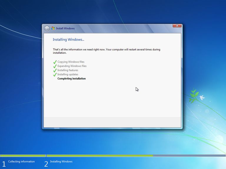 Screenshot of Windows 7 setup completing installation
