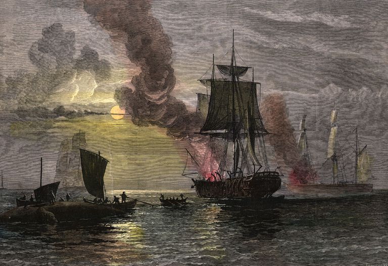 Lithograph of whaling ships boiling blubber