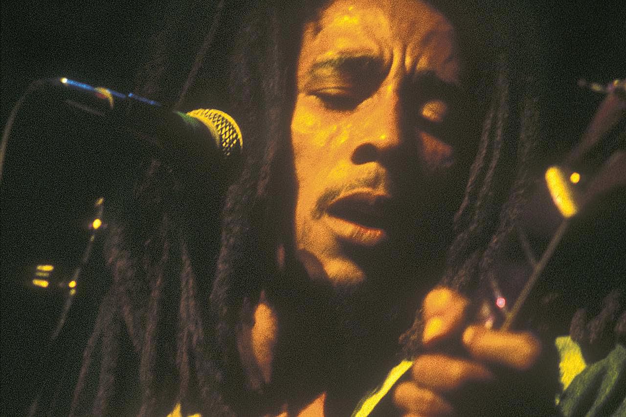 Jamaican reggae legend Bob Marley 1945 1981 on stage at the Rainbow Theatre