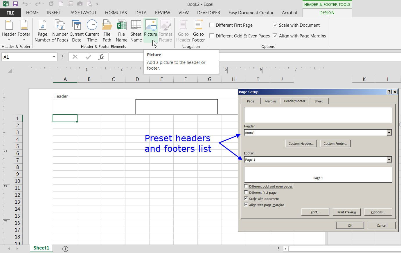 add headers and footers to excel worksheets