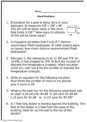 8th grade math word problems worksheets