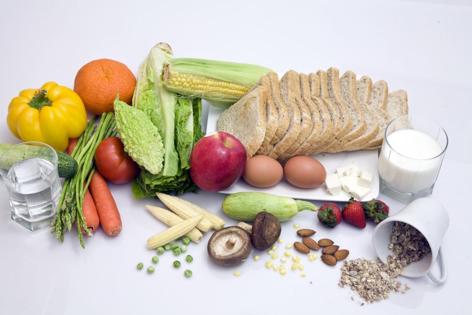 A collection of vegetarian foods: Fruits, vegetables, eggs, milk and grains