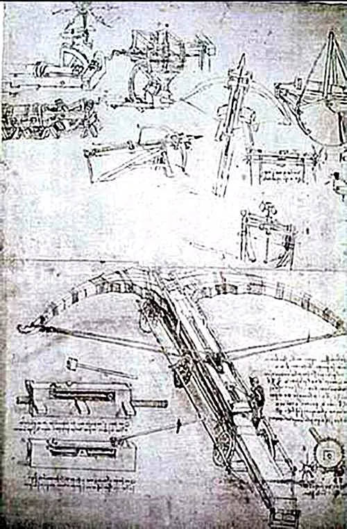 Drawing of giant crossbow by Leonardo da Vinci circa 1485 to 1487.