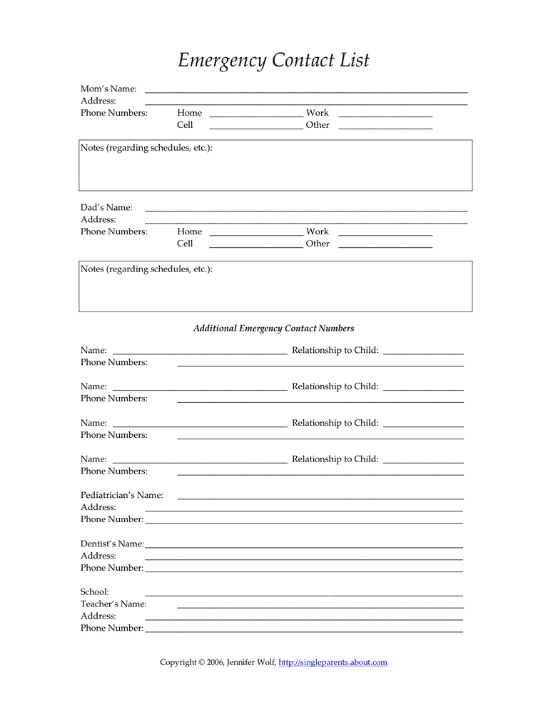 childs emergency contact form single parent families