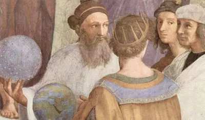 Section From The School of Athens, by Raphael. Zoroaster holding a globe talking with Ptolemy.