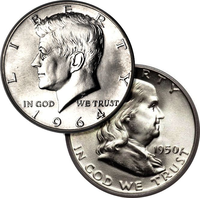 Examples of Kennedy and Franklin half dollars.
