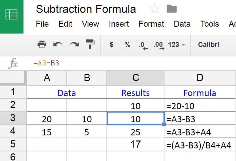 formula for subtraction in excel
