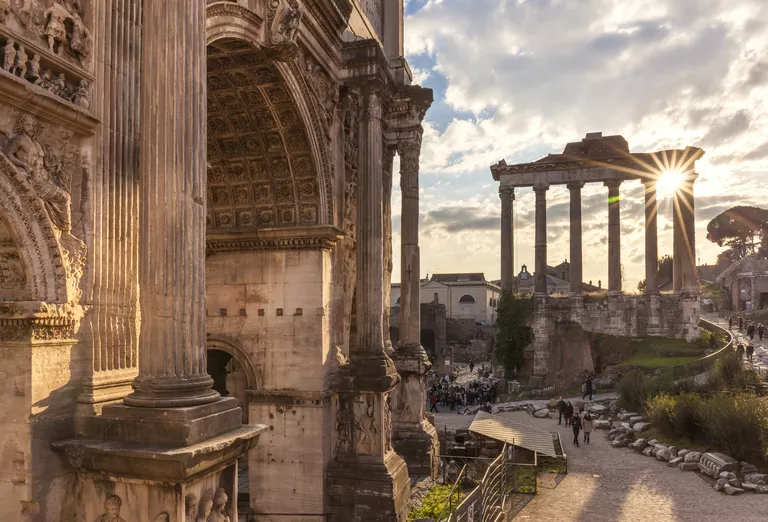 The Arch of Septimius Severus and The Temple of Saturn in the Roman Forum, UNESCO World Heritage Site, Rome, Lazio, Italy, Europe
