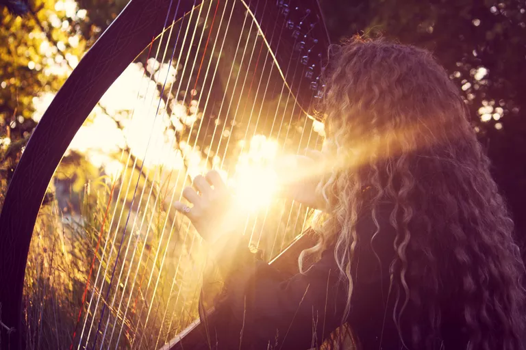 Woman Playing Harp in Sunlight