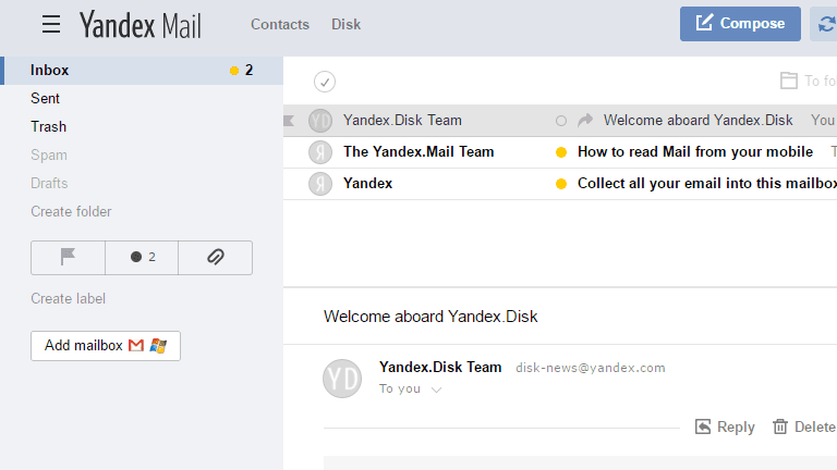 Screenshot of the Yandex.Mail inbox