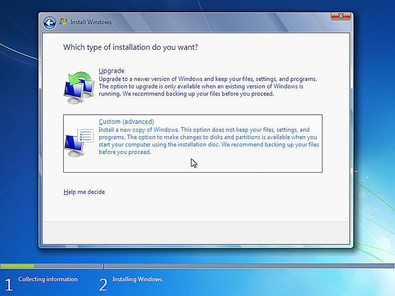 Screenshot of the Which type of installation do you want? screen during Windows 7 setup