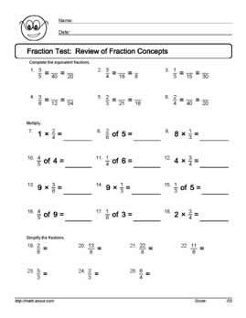 Fraction Tests and Worksheets