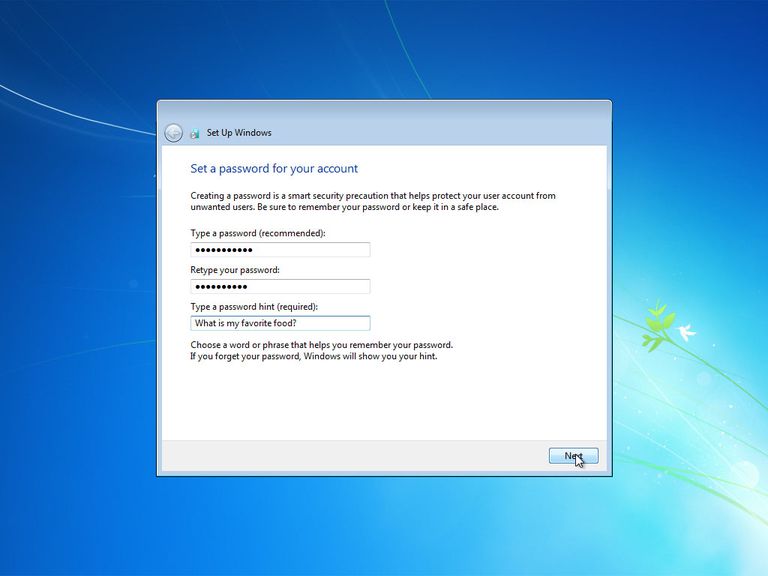 Screenshot of Windows 7 asking for a password after setup
