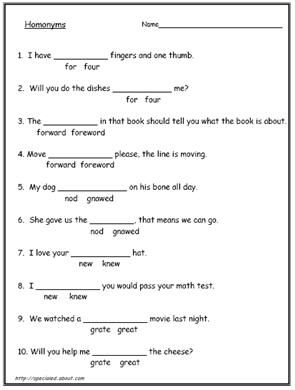 Homonyms - Homophone Worksheets