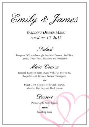Use a wedding menu template to create a menu for your reception. These templates are free and can be customized with text and colors.