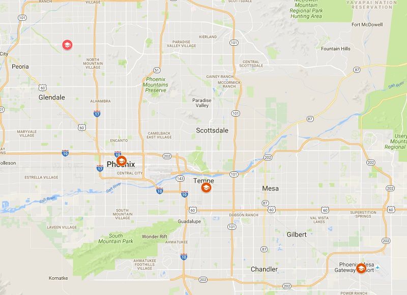 Map of ASU Campus Locations in Greater Phoenix, AZ