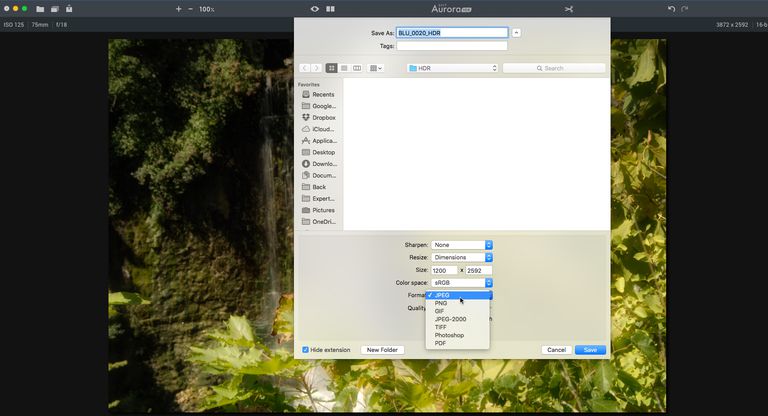 The Aurora HDR 2017 Export to Image dialog box is shown.