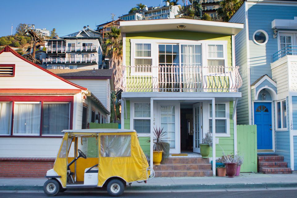 Golf carts and classic and colorful beach cottages are part of the charm of Avalon, Catalina Island.