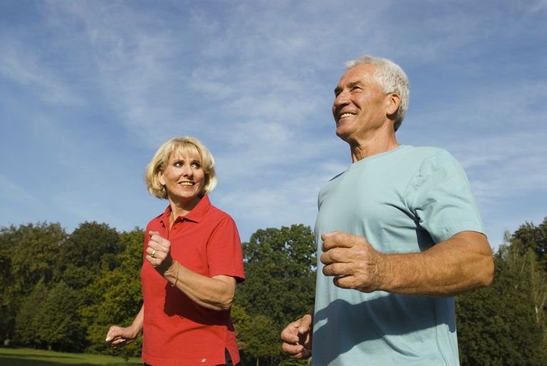 Senior couple powerwalking