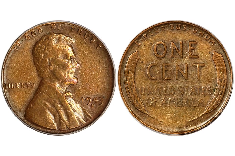  A 1943 steel Lincoln penny with the words "In God We Trust" and "Liberty" on the front, and "E Pluribus Unum", "One Cent" and "United States of America" on the back.